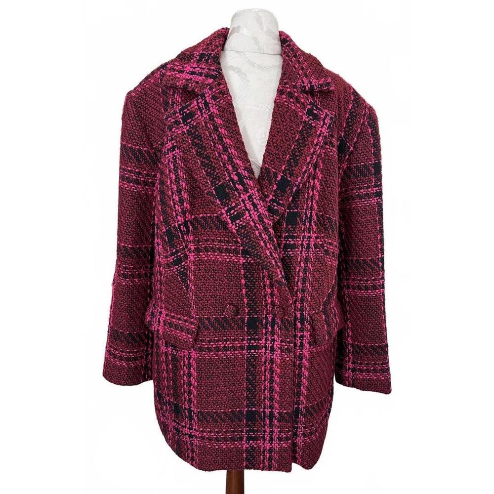 Eloquii Women's Burgundy & Pink Plaid Wool Blend Coat- 18